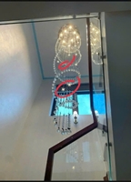 Đèn chùm pha lê thả thông minh PL027 gồm mâm tròn inox gương trắng, 8 sao thêm bóng G4, đèn led COB dimmer 3 màu điều khiển xa, KT(mm): D1000 x H3800