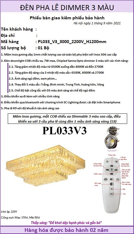 Phiếu bàn giao và bảo hành đèn chùm pha lê thả PL033 led COB chiếu xa 3 màu, có Dim, có điều khiển xa cao cấp 1