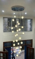 Bộ đèm chùm bocci 177TH7 gồm 39 quả trơn không có rãnh, thả tự do, mâm tròn inox gương trắng, KT(mm): D800 x H5000