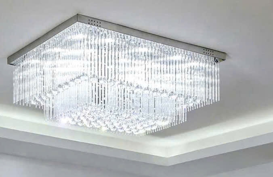 Đèn chùm pha lê thả thông minh 024PL2 gồm 2 tầng thanh lục giác, mâm chữ nhật inox gương trắng, KTmm): L1000 x W1000 x H350