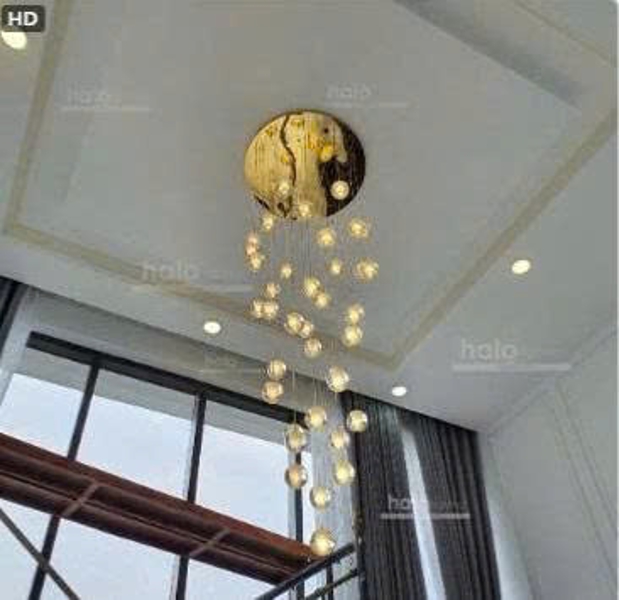 Bộ đèm chùm bocci TH177 gồm 30 quả thả tự do, mâm tròn inox gương vàng, KT(mm): 800*4000