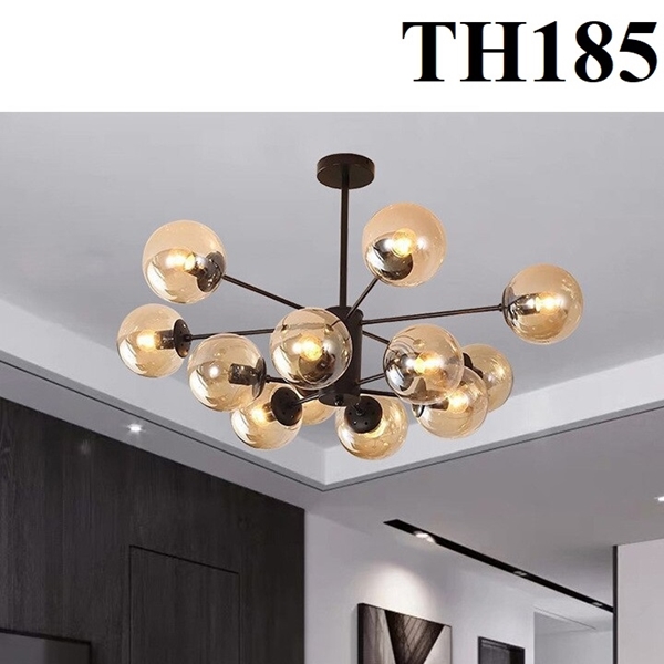 Đèn chùm thả 12 đui TH185.1, E27 x 12, thân đen, chao thủy tinh hổ phách, KT(mm):1050x380