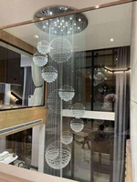 Đèn chùm pha lê thả thông minh PL008, Inox gương trắng, pha lê cầu xoắn ốc, KT(mm): D1000 x H3000