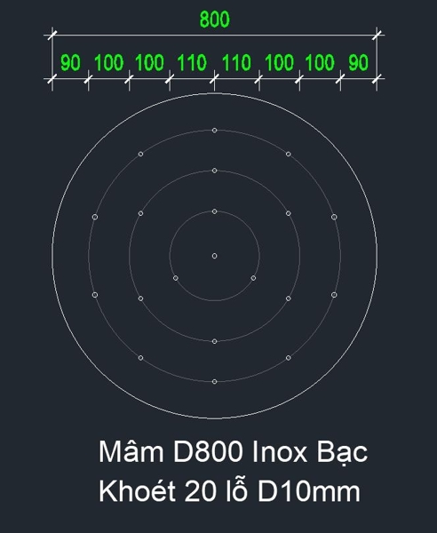 Mâm D800 Inox Bạc khoét 20 lỗ D10mm