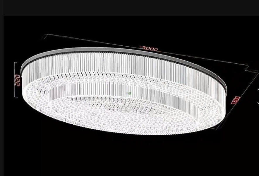 Đèn chùm pha lê thả thông minh 024PL2, gồm 452 thanh lục giác và 1172 hạt D40 màu trắng, 64 mắt led dimmer D40 3 màu có đk xa, mâm elip inox gương trắng, KT(mm): L3000 x W1800 x H550