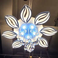 Đèn led mân DM057 8 cánh, 1 tầng có pha lê, khung trắng, 15 hạt pha lê D30mm, KT(mm): D800*H150, led 3 màu, có Dim và điều khiển xa