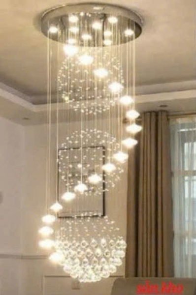 Đèn chùm pha lê thả thông minh 021PLD, mâm tròn inox gương trắng, KT(mm): D800 x H4000