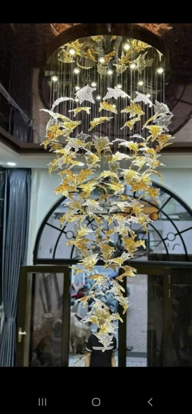 Đèn chùm pha lê thả thông minh PL030, gồm 80 lá phong, mâm Inox gương 8K hình tròn màu trắng, 10 mắt COB, KT(mm): D800xH4000