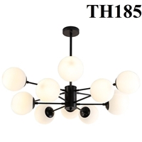 Đèn chùm thả 8 bóng TH185.1, E27 x 08, thân sắt đen , chao thủy tinh đục,KT(mm) : 1050 x 380