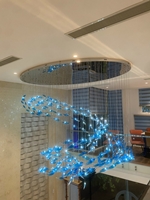 Bộ đèn chùm con cá xanh PL066, mâm elip inox gương trắng, 240 con cá thủy tinh xanh có 150 con dùng bóng G4 công suất 1.5W/đèn,  KT(mm): 3000 x 2000 x 2500