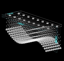 Đèn pha lê nghệ thuật lượn sóng Asfour PL007 gồm mâm chữ nhật inox gương vàng đồng xước 8k cao cấp. 252 dây có hạt pha lê Ai Cập, 18 Đèn dimmer COB chiếu xa lỗ khoét D55mm cao cấp 6W 3 màu có điều khiển xa công suất max 100W, KT(mm): L1500xW450xH600.