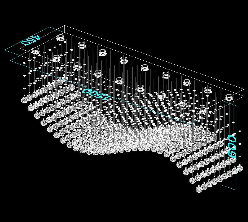 Đèn pha lê nghệ thuật lượn sóng Asfour PL007 gồm mâm chữ nhật inox gương vàng đồng xước 8k cao cấp. 252 dây có hạt pha lê Ai Cập, 18 Đèn dimmer COB chiếu xa lỗ khoét D55mm cao cấp 6W 3 màu có điều khiển xa công suất max 100W, KT(mm): L1500xW450xH600.