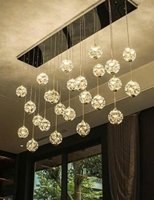 Bộ đèn chùm thông tầng TH540, mâm inox gương trắng, gồm 35 quả thả tự do tích hợp led, mâm hình vuông KT(mm): 2000 x 500 x 1500