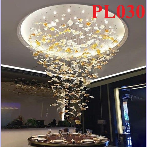 Đèn chùm pha lê thả thông minh PL030 lá phong, Inox gương trắng, KT(mm): D1000 x H1500