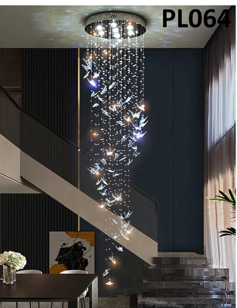 Đèn chùm pha lê thả thông minh PL064 gồm 50 con bướm pha lê, Inox gương trắng tròn, 10 mắt COB, KT(mm): D800xH1700