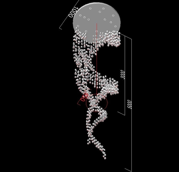 Đèn chùm pha lê thả thông minh PL065 , 1000 viên đá: hổ phách, trắng, 18 mắt COB dimmer D40 có điều khiển xa, mâm tròn inox gương trắng 8K KT(mm): D1000 x H5000