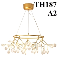 Đèn hera lá thủy tinh TH187A2 loại 63 bóng dạng vòng thân sơn vàng, lá thủy tinh khói, KT(mm): 1250 x 400