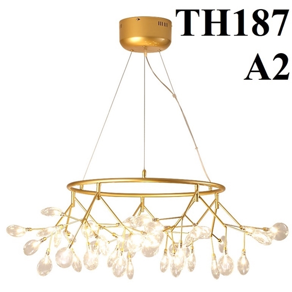 Đèn hera lá thủy tinh TH187A2 loại 63 bóng dạng vòng thân sơn vàng, lá thủy tinh khói, KT(mm): 1250 x 400