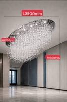 Đèn chùm pha lê thả thông minh PL065 viên đá, mâm elip inox gương trắng 8K, 2000 viên đá trắng, 70 mắt COB dimmer có điều khiển xa, KT(mm): L3500 x W2000 x H1600