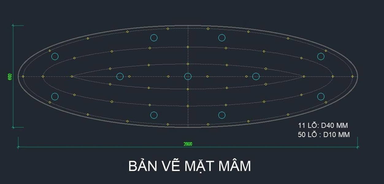 Đế elip inox gương vàng hồng có 11 lỗ D40mm, 50 lỗ D10mm, KT(mm): 600 x 2000