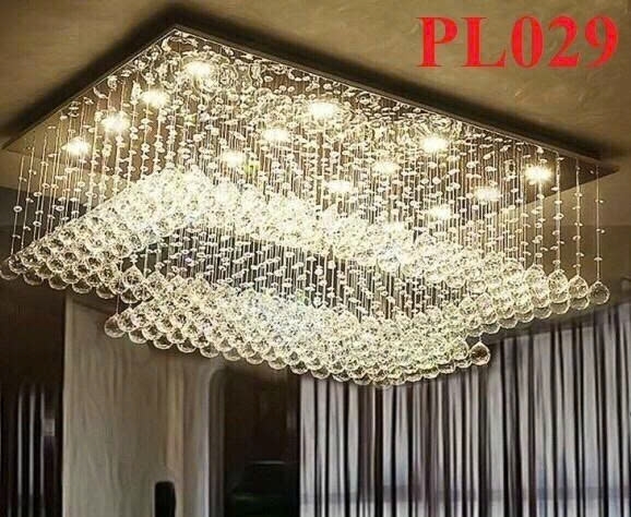 Đèn chùm pha lê thả thông minh PL029 có 2 tầng , mắt COB dimmer có điều khiển xa, mâm hình chữ nhật inox gương trắng, KT(mm): 1500 x 600 x 600