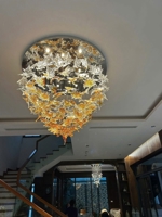 Đèn chùm pha lê thả thông minh PL030 gồm 70 lá phong, mâm tròn inox gương vàng  , 12 mắt COB 3 màu D40 có điều khiển từ xa, KT(mm): D800xH600