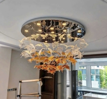 Bộ đèn chùm nghệ thuật PL030 gồm 45 lá phong, 12 đèn dimmer 3 màu L40, mâm tròn inox gương trắng, KT(mm): 600*800