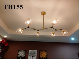 Đèn chùm Lindsey ngang thân vàng 6 chao thủy tinh hổ phách đui E27x6(chưa bóng)_TH155, KT(mm): L1470xW770xH360/460/660