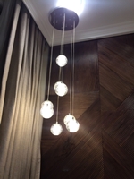 Bộ đèn chùm bocci TH177, mâm hình tròn inox gương trắng, gồm 7 quả thả tự do, dây max 2.5m, KT(mm): D300*H2500. Đã bao gồm bóng G4_1.5W