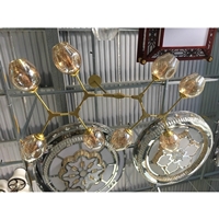 Đèn chùm Lindsey ngang thân vàng 8 chao thủy tinh hổ phách đui E27x8(chưa bóng)_TH155, KT(mm): L1570xW650xH360/460/660