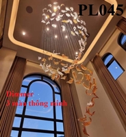 Đèn chùm pha lê thả thông minh PL045 lá lông chim dimmer 3 màu có điều khiển xa, KT(mm): D1000 x 3500, 100 lá