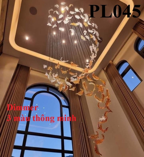 Đèn chùm pha lê thả thông minh PL045 lá lông chim dimmer 3 màu có điều khiển xa, KT(mm): D1000 x 3500, 100 lá