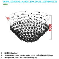 Đèn chùm pha lê thả thông minh PL068 cánh hoa gồm 200 hoa pha lê , 20 mắt COB dimmer L55 3 màu có điều khiển xa, ko mâm, KT(mm): 1600x1000