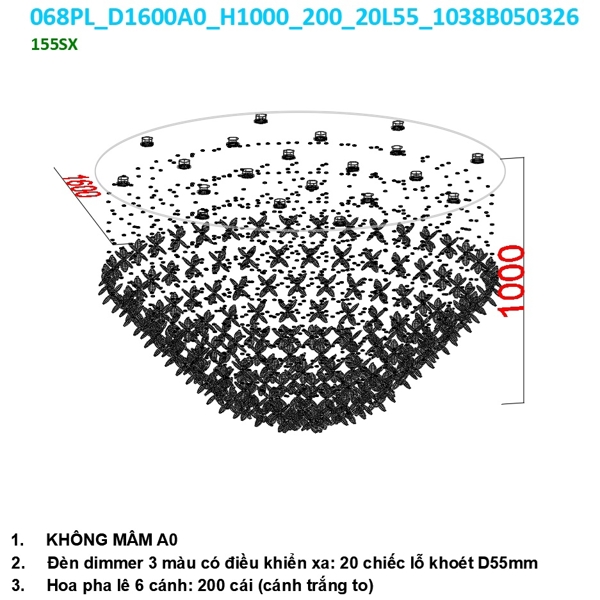Đèn chùm pha lê thả thông minh PL068 cánh hoa gồm 200 hoa pha lê , 20 mắt COB dimmer L55 3 màu có điều khiển xa, ko mâm, KT(mm): 1600x1000