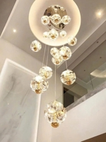 Bộ đèn chùm thông tầng TH540, mâm tròn inox gương vàng, gồm 17 quả thả tự do tích hợp led, KT(mm): D600 x H2000