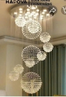 Đèn chùm pha lê thả thông minh PL008, Inox gương trắng tròn, pha lê cầu xoắn ốc, KT(mm): 800*3000