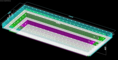 Đèn chùm pha lê thả thông minh PL024 gồm 3 tầng thanh tam giác trắng , mắt COB D40 dimmer 3 màu có điều khiển xa, mâm inox gương trắng hình chữ nhật KT(mm): 6300 x 2600 x 920