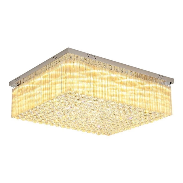 Đèn chùm pha lê thả thông minh PL024 có 1 tầng, thanh pha lê lục giác và hạt pha lê ,mắt COB dimer 3 màu D40 có điều khiển xa mâm inox gương trắng hình chữ nhật, KT(mm): 800x800x370