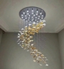 Bộ đèn chùm nghệ thuật PL030, gồm 220 lá phong, dây gắn hạt pha lê,  28 đèn led COB D40, 3 màu dimmer, điều khiển xa, mâm inox gương 8K màu trắng , KT(mm): D1500 x H1700