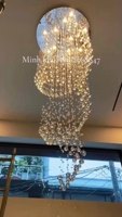 Đèn chùm pha lê thả thông minh PL071, Inox gương trắng tròn, mắt COB 3 màu dimmer, điều khiển xa , KT(mm): D800xH3200