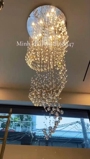 Đèn chùm pha lê thả thông minh PL071, Inox gương trắng tròn, mắt COB 3 màu dimmer, điều khiển xa , KT(mm): D800xH3200