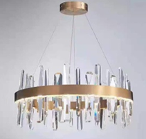 Đèn chùm Ring pha lê tam giác bo tròn thân mạ đồng, tích hợp led dimmer 3 màu, mã TH430.1, KT (mm): D400