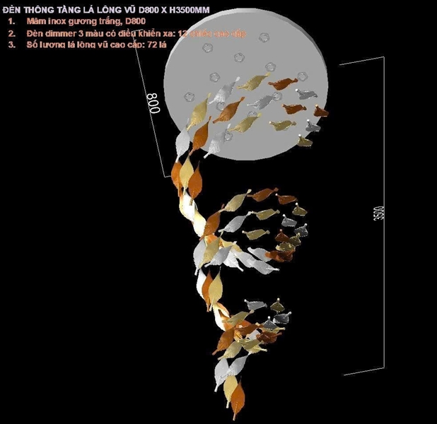 Bộ đèn chùm lá lông vũ PL045 gồm mâm tròn inox gương trắng, 12 đèn dimmer 3 màu có điều khiển xa, 72 lá lông vũ chia 2 màu hổ phách và trắng, KT(mm): D800xH3500