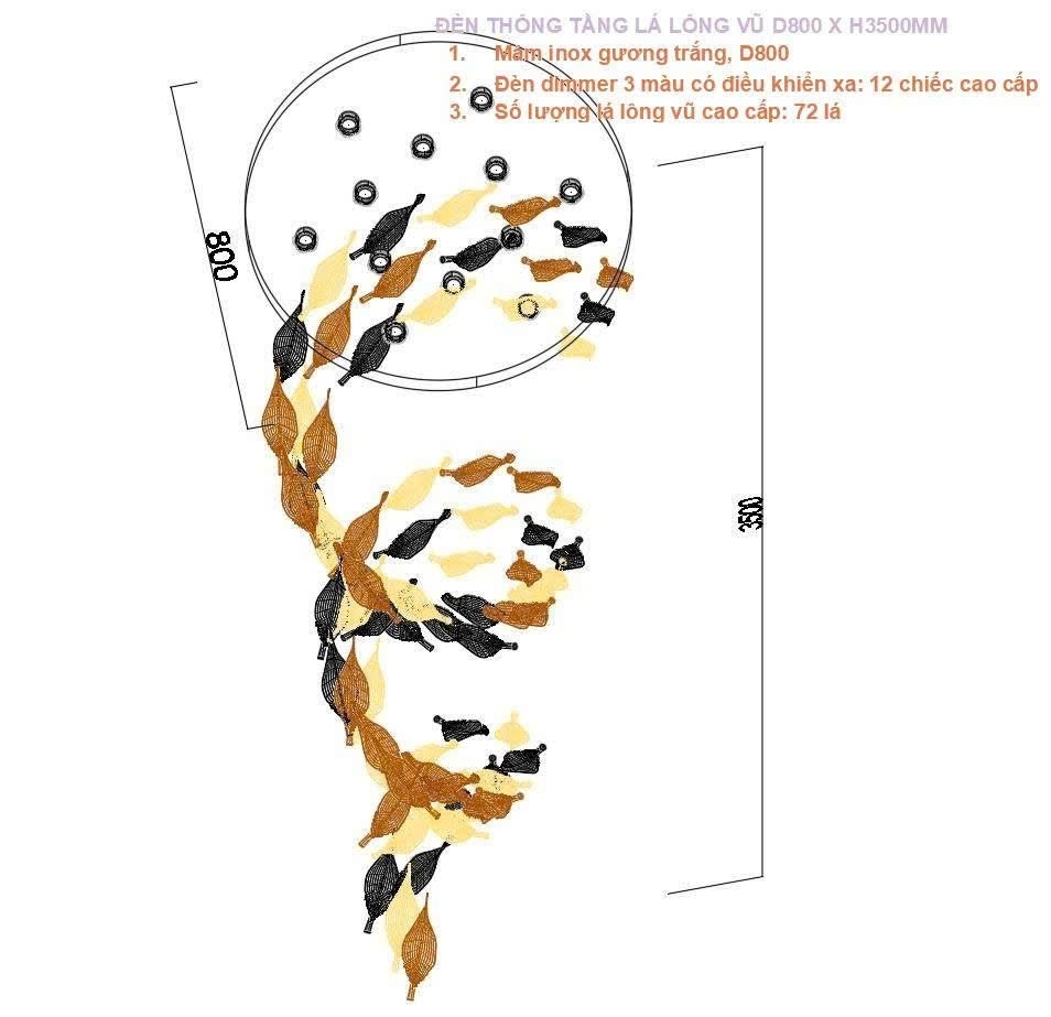 Bộ đèn chùm lá lông vũ PL045 gồm mâm tròn inox gương trắng, 12 đèn dimmer 3 màu có điều khiển xa, 72 lá lông vũ chia 2 màu hổ phách và trắng, KT(mm): D800xH3500