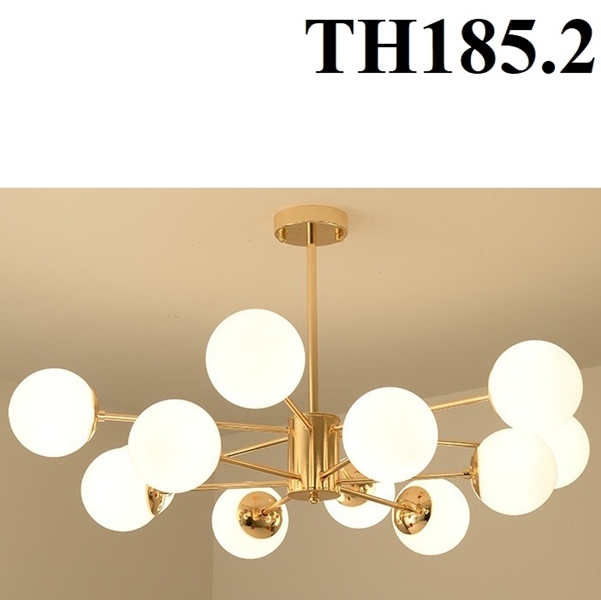 Đèn chùm thả 12 bóng TH185.2, G9 x 12, thân vàng , chao thủy tinh đục, KT(mm):1050x380