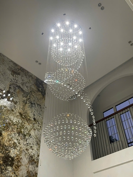 Đèn chùm pha lê thả thông minh PL021AK, đèn dimmer 3 màu có điều khiển xa, mâm inox gương trắng tròn KT(mm): D1000 x H3400