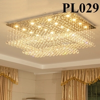 Đèn chùm pha lê thả thông minh PL029 có 2 tầng gồm 561 dây treo pha lê, 32 mắt COB dimmer có điều khiển xa, mâm hình chữ nhật inox gương trắng, KT (mm): L2000 x W1000 x H800