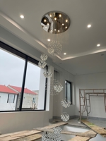 Đèn chùm pha lê thả thông minh PL008, Inox gương trắng tròn, pha lê cầu xoắn ốc, KT(mm): 800*3000