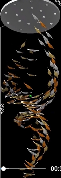 Đèn chùm pha lê thả thông minh PL045 gồm 200 lá lông vũ, 25 mắt COB dimmer D40 có điều khiển xa, mâm tròn inox gương trắng, KT(mm): D1390x H3100