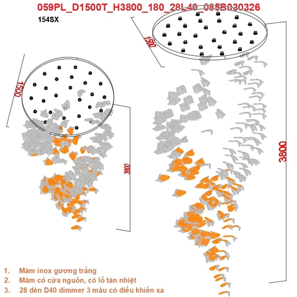 Đèn chùm pha lê thả thông minh PL059 gồm 195 lá hổ phách pha trắng và lá trắng , 28 mắt COB dimmer 3 màu L40 có điều khiển xa, mâm hình tròn inox gương trắng, KT(mm): D1500 x H3800